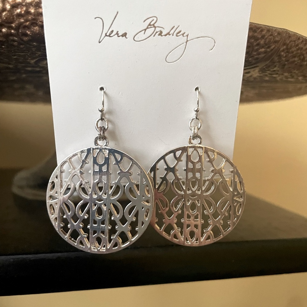 Vera Bradley silver tone large round signature drop earrings on wire